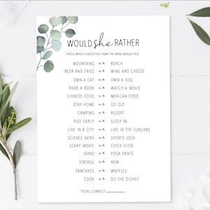 Eucalpytus - Would She Rather? - Bridal Shower Game