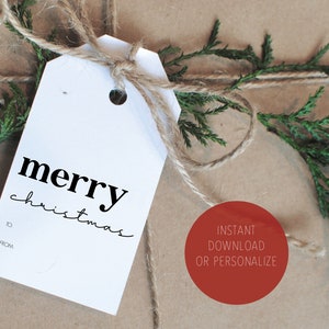 Christmas Gift Tag- Merry Christmas Tag - Modern Black and White Christmas - Personalize - Instant Download