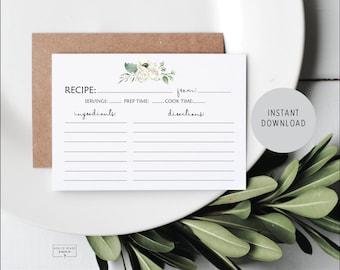 Pode incluir: Cartão de receita imprimível com um design floral com flores brancas e folhas verdes. O cartão tem seções para porções, tempo de preparação, tempo de cozimento, ingredientes e instruções.
