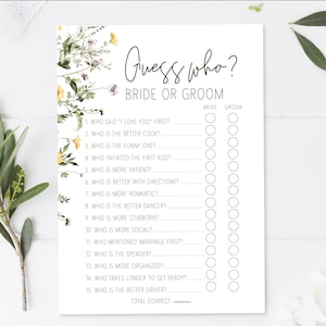 May include: A printable "Guess Who?" game for a wedding shower or bridal party. The game features a floral design with yellow and purple flowers. The questions ask guests to guess who is better at certain things, such as cooking, being romantic, or being patient. Guests can circle their answers for the bride or groom.