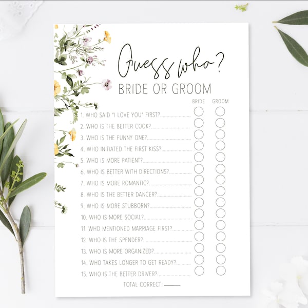 Summer Wildflowers - Guess Who Bride or Groom - Bridal Shower Game - Digital Download - Instant Download