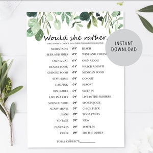 May include: A printable "Would She Rather" game with a green leafy border. The game features a list of 16 questions with two choices for each question. The choices are printed in black text on a white background.