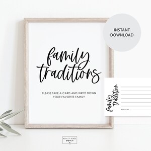 Blanco y negro - Letrero de tradiciones familiares y tarjeta a juego - Comparte tu tradición favorita - Despedida de soltera - Minimalista - Descarga instantánea