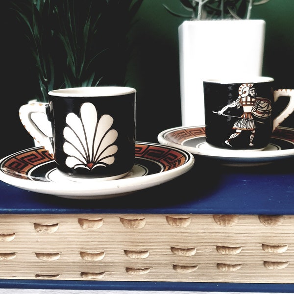 Vintage, Two beautiful, Hand Painted Souvenir Aztec design, Greek Demi Tasse.  Espresso cups.