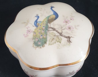 Vintage, Dainty, Palissy England, Royale Collection, A royal Worcester Company, Peacocks and flowers Trinket Pot, Trinket Box.