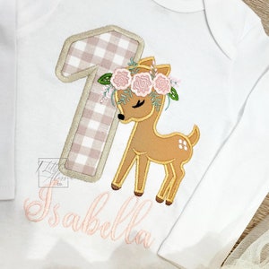 Baby Deer First Birthday Outfit Shirt | Woodland bday theme | Fawn bday embroidered shirt | Floral deer applique