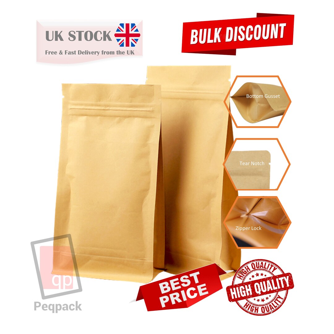 Kraft Flat Bottom Stand up Pouche Mylar Food Grade Zip Lock Heat