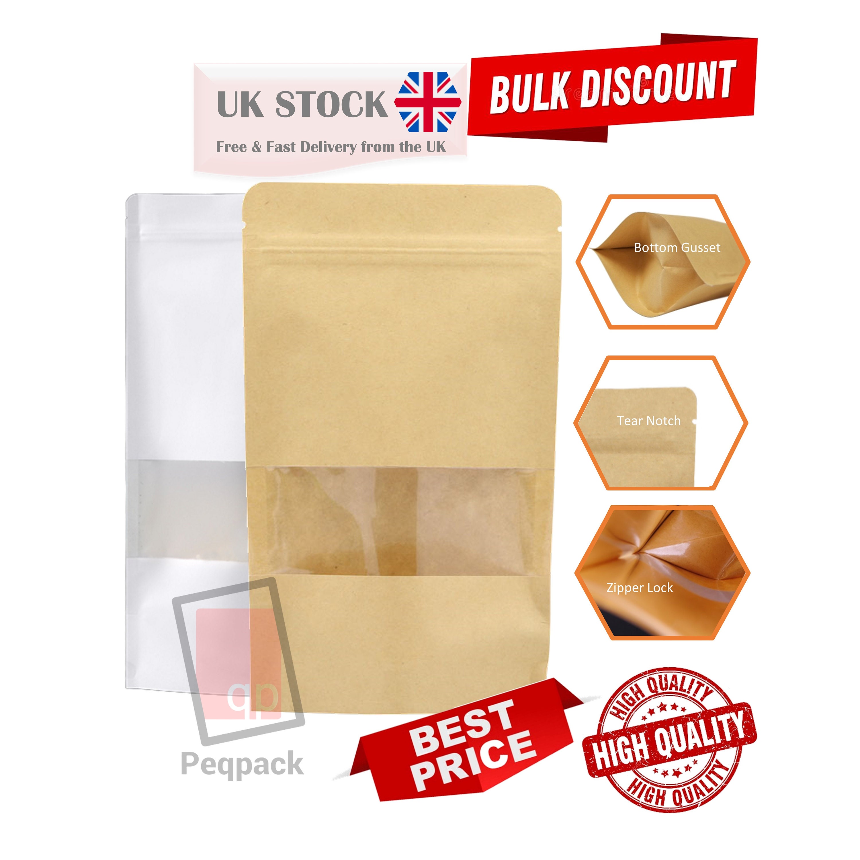 Kraft Brown Paper Window Packing Bags Heat Sealable Zip Lock Food Grade