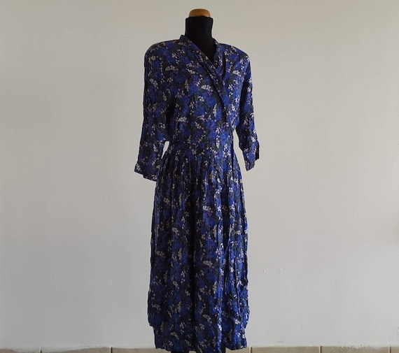 70s Vintage Peasant Dress, Eileen West, Blue Flora