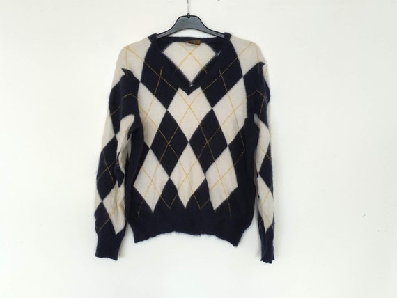 Angora Wool Navy Blue Argyle Sweater, Women's Vint