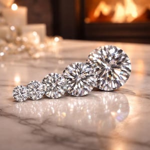 May include: A row of five brilliant-cut diamonds, each of increasing size, are displayed. The diamonds' facets catch the light, creating a dazzling effect. They are set on a marble surface, with a blurred background. The largest diamond is at the end of the row.