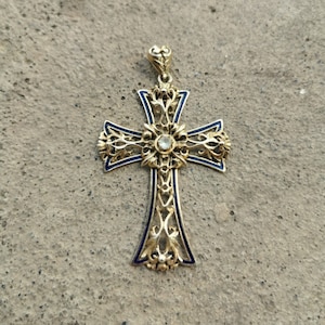 Pendentif antique en croix en or 14 carats et émail, pendentif collier en croix en or massif