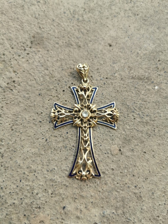 Antique 14k Gold & Enamel Cross Pendant, Solid Go… - image 1