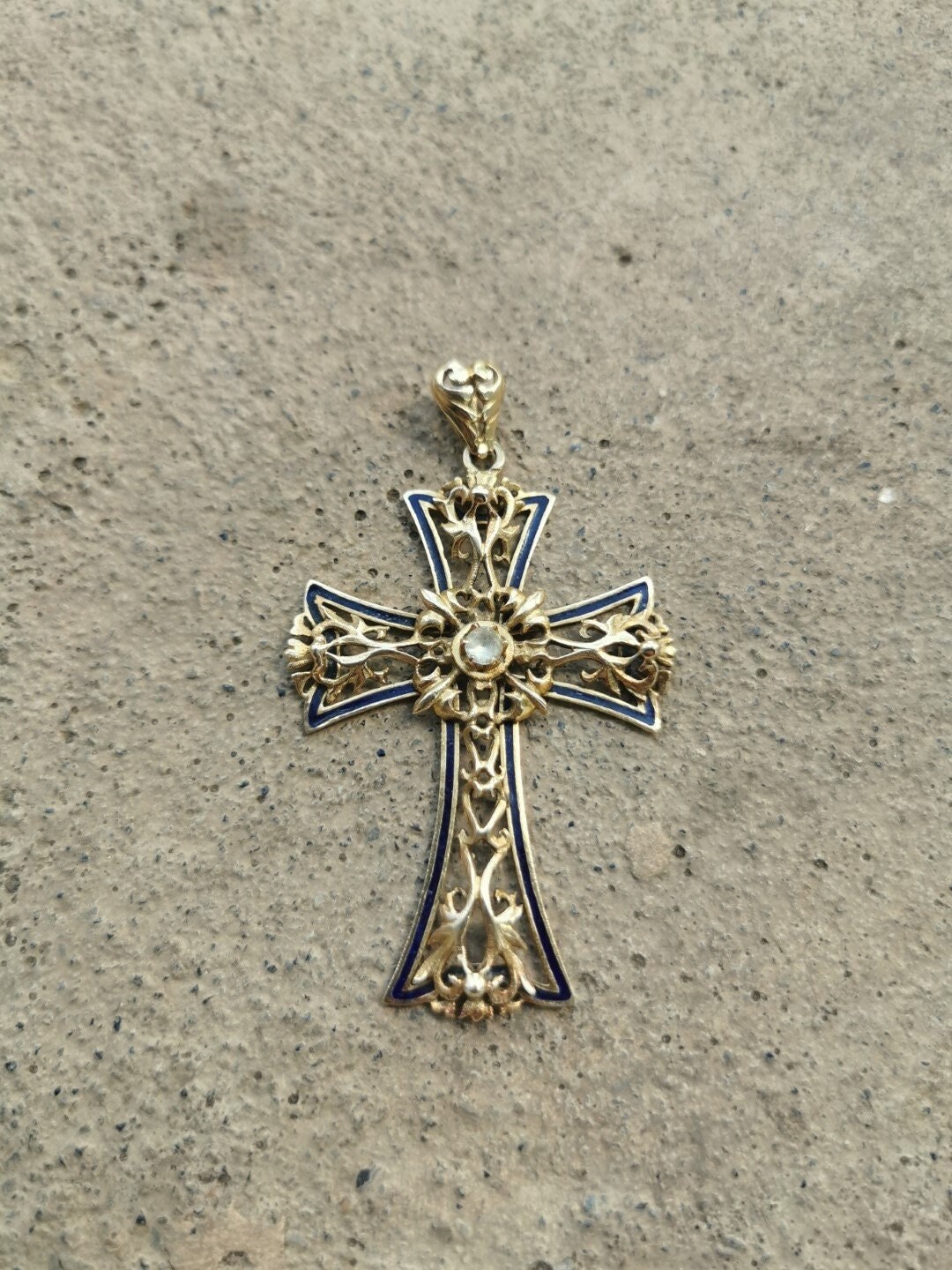 Antiker 14k Gold & Emaille Kreuz Anhänger, Massives Gold Kreuz Halskette Anhänger