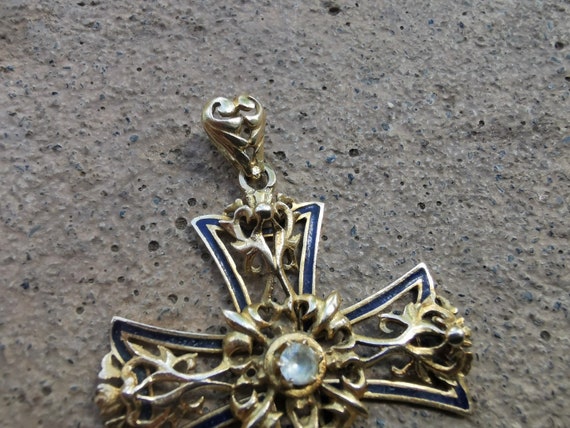 Antique 14k Gold & Enamel Cross Pendant, Solid Go… - image 4
