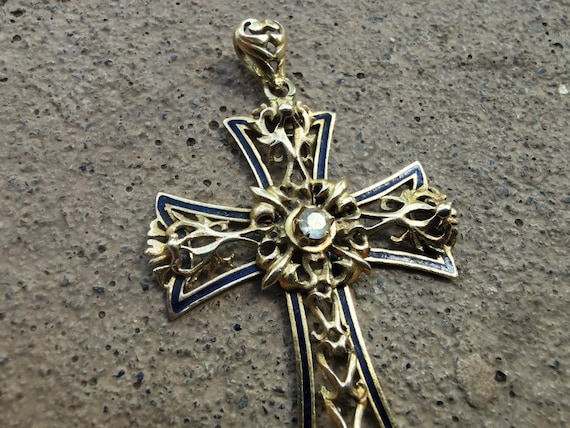 Antique 14k Gold & Enamel Cross Pendant, Solid Go… - image 2