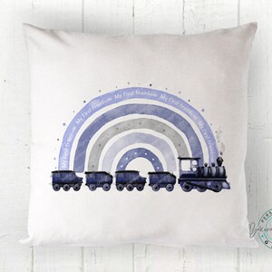 Personalized Train Rainbow Cushion Cover, Baby Announcement Gift, Baby Shower Present, Blue Green  Purple or Pink Rainbow