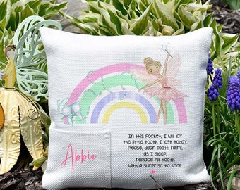 Personalized  Tooth Fairy cushion, Girls Rainbow Tooth Fairy Cushion Cover With Pocket, Pink Custom Tooth Cushion - COVER ONLY