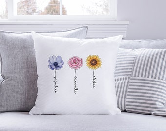 Flower Cushion Personalized Mom Pillow Gift, Watercolour Floral Cushion,  Name Flowers Cushion Cover, Deco Couch Cuddly Gift Pillow for Mom