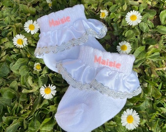 Handmade extra frilly pink polka dot baby//girls socks
