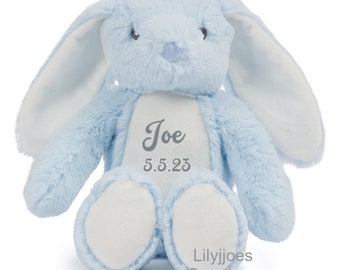 Personalised Blue Bunny Teddy Soft Plush Toy New Baby Gift Newborn Shower Kids Birthday Keepsake