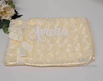 Personalised Baby Blanket: Swirl Rose Wrap, Satin Trim, Custom Name