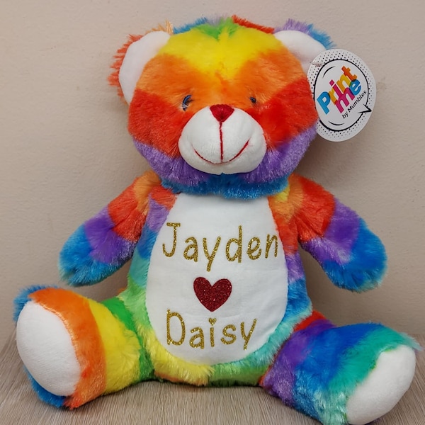 Personalised Rainbow Bear Teddy Soft Plush Toy Gift, Christening Gift, Baptism Gift, Communion Gift, grey bunny teddy, white bunny teddy