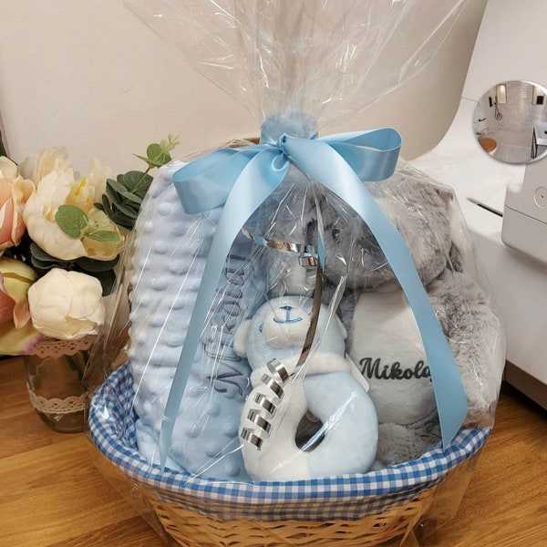 Quick Delivery Baby Gift Hamper Set, Blanket, Teddy and rattle, newborn, baby shower gift wrapped gift basket and ribbon