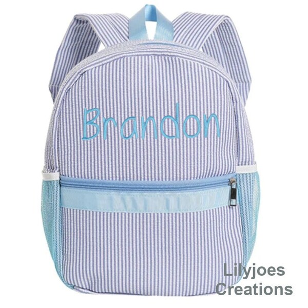 Personalisierte Seersucker Blauer Rucksack, Kinderrucksack, Kindergartenrucksack, Schulrucksack