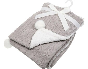 Personalised Knitted Baby Blanket: Sherpa Backing, Embroidered Name
