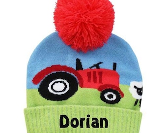 Personalised Tractor Farm Beanie Hat Personalised Baby Pompom Hats Beanies