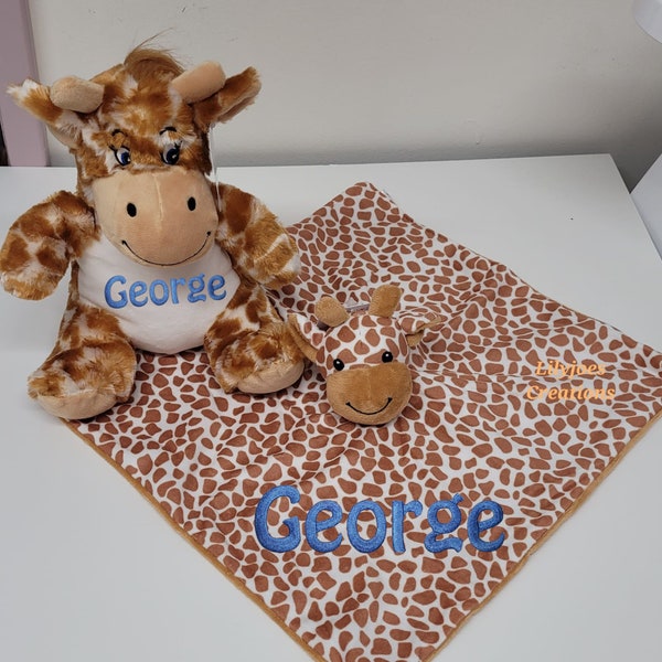 Personalisierte Giraffe Teddy und Tröster Set Jungen, weiches Plüschtier, Babydecke Geschenk, Neugeborenen Geschenk, neues Baby, Giraffe Teddy