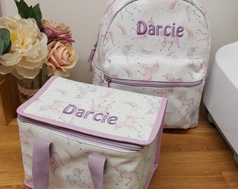 FREE SOCKS Quick Delivery Personalised Unicorn Backpack Lunch Bag Set Unicorn Gift Nursery Bag Back To School Girls Backpack Personalized