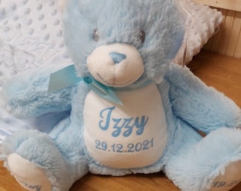 Personalised Blue Bear Plush Baby Birthday Christening, Baptism, Communion Gift