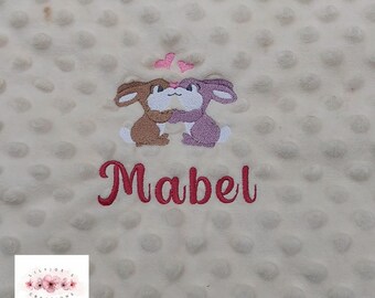 Personalised Embroidered Baby Blanket Kissing Bunnies Design Shower Gift