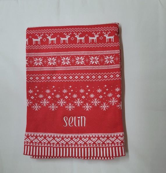 SALE Personalised Christmas Blanket: Embroidered Nordic Fair Isle Baby Blanket