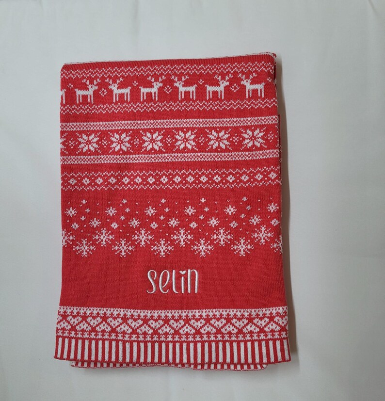 SALE Personalised Christmas Blanket: Embroidered Nordic Fair Isle Baby Blanket image 1