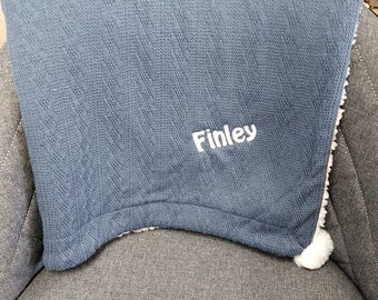 Personalised Knitted Baby Blanket: Sherpa Backing, Embroidered Name
