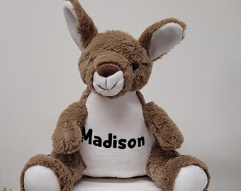 Personalised Kangaroo Teddy Soft Plush Toy Christening Baptism Communion grey bunny teddy, white