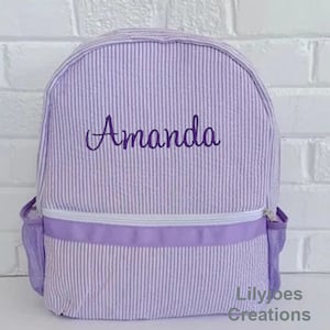 Livraison rapide sac à dos Seersucker violet personnalisé, sac à dos pour enfants, sac à dos de pépinière, sac à dos scolaire
