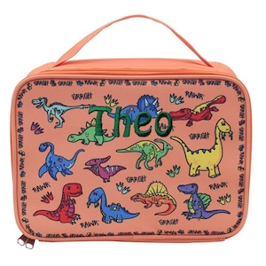 Lancheira térmica personalizada com estampa de dinossauro: bolsa térmica bordada