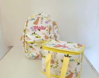 Personalised Bunny Backpack Lunch Bag Set: Embroidered Nursery Bag