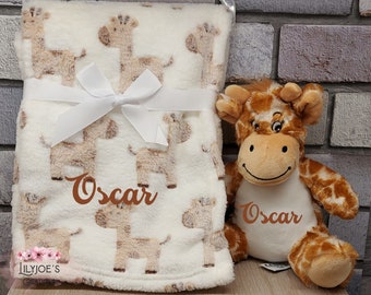 Personalised giraffe teddy and blanket gift set boys, soft plush toy, baby blanket gift, newborn gift, new baby, giraffe teddy, giraffe toy