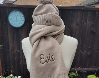 SALE Embroidered Scarf and Beanie Set: Personalized Knit Gift