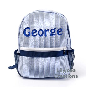 Livraison rapide Sac à dos Seersucker bleu marine personnalisé, sac à dos pour enfants, sac à dos de pépinière, sac à dos scolaire