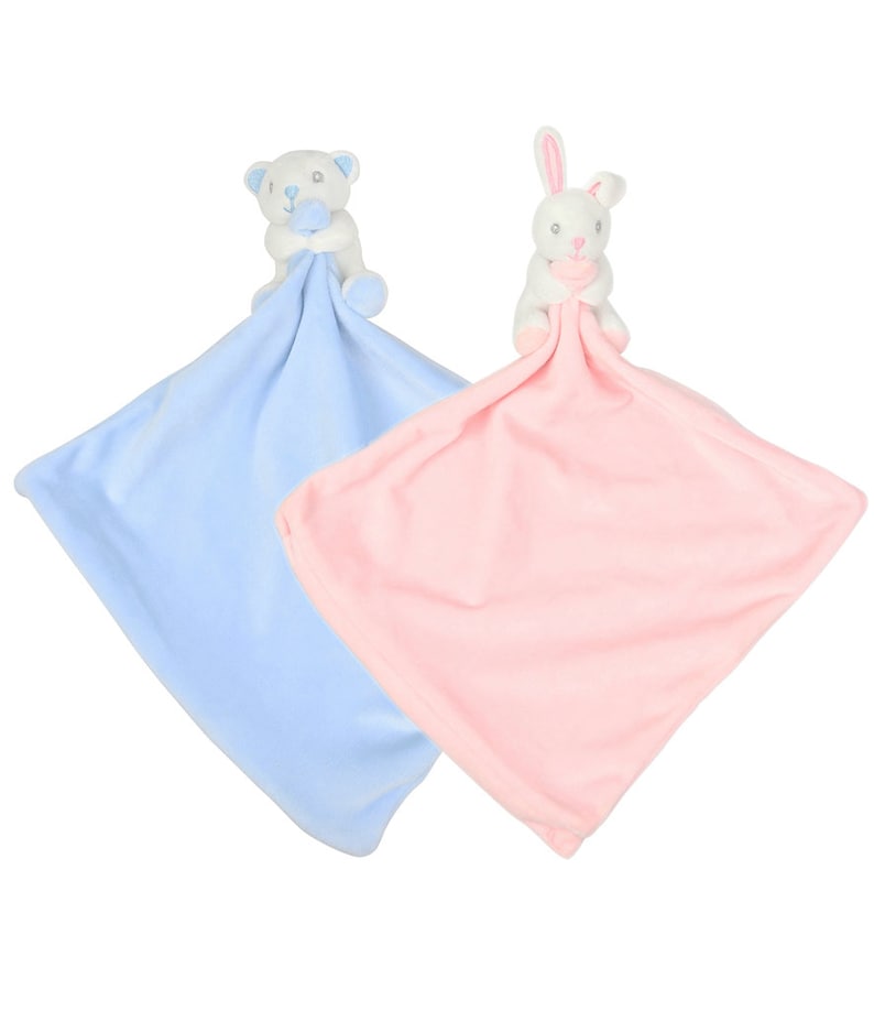 Peut inclure: Deux couvertures de s&eacute;curit&eacute; pour b&eacute;b&eacute; avec des jouets en peluche attach&eacute;s. Une couverture est bleu clair avec un ours en peluche blanc et l'autre est rose avec un lapin blanc.