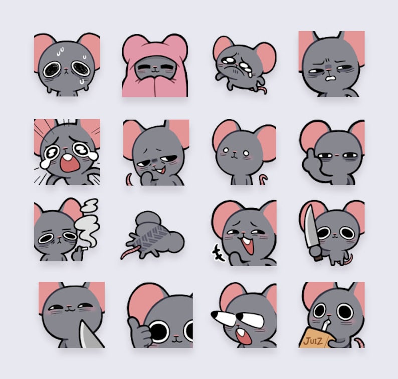Pode incluir: Um conjunto de 16 emojis de rato de desenho animado com diferentes express&otilde;es, incluindo chorar, dormir e segurar uma faca. Os emojis est&atilde;o em um formato de grade em um fundo cinza claro.