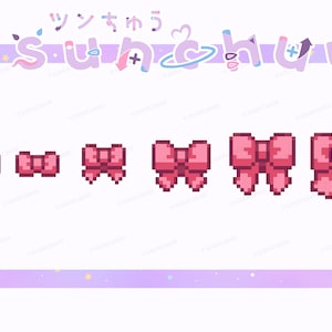 Op de afbeelding: Vijf roze gepixelde strikken in verschillende maten, waarbij de grootste strik een gouden bel in het midden heeft.