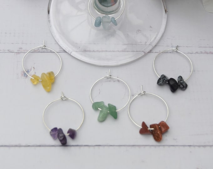 Set of six stone chip wine charms | Natural wine glass decorations | Colourful drinks identifiers.