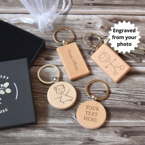Custom keyring with your child's drawing | Wooden engraved keyring | Mothers Day gift keyring | Unique gift from child
